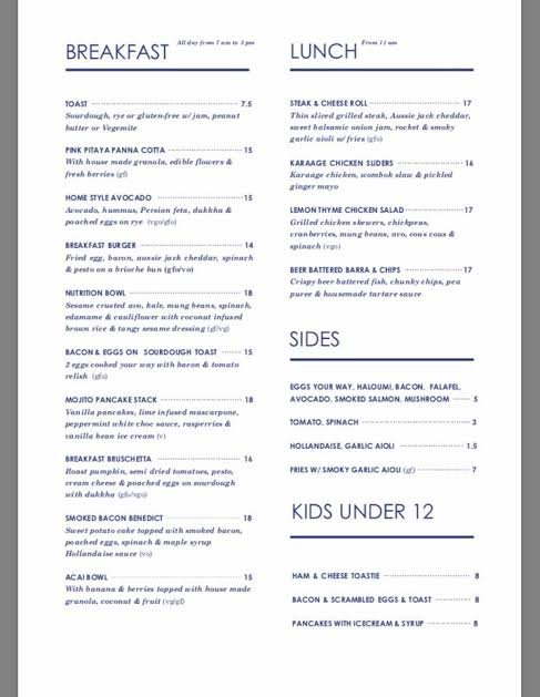 Pick cafe menu