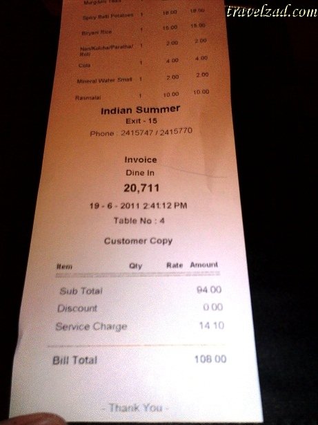 india summer resturant menu